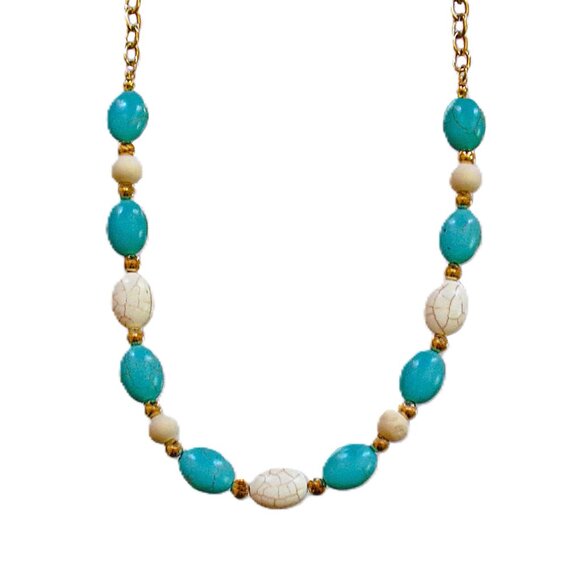 Turquoise and white stone bead necklace mixed with white wood and gold beads - Picture 4 of 12